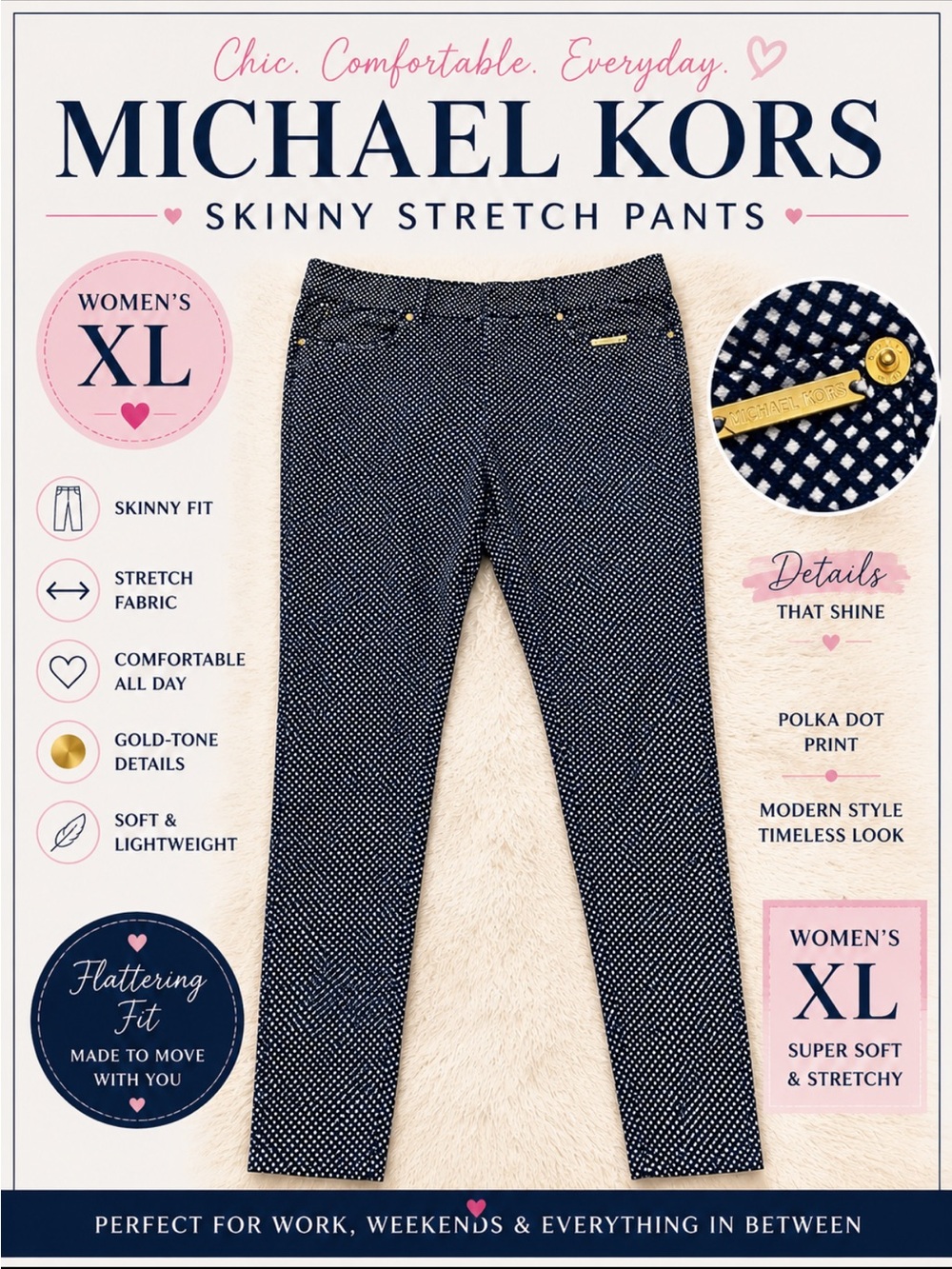 Michael Kors Navy with White Polka Dot Skinny Stretch Pants.  XL